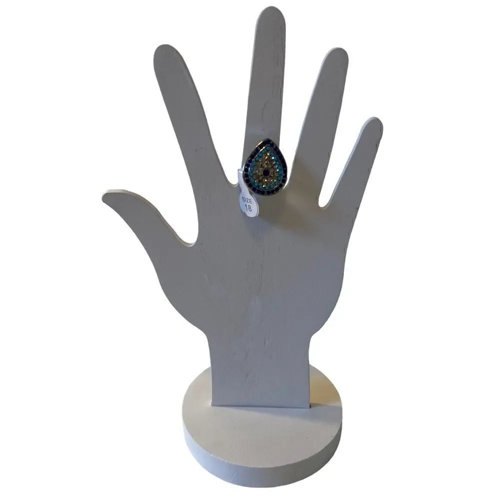 Teardrop Shaped Evil Eye Jeweled Silver Toned Ring in Ladies Sz. 8
